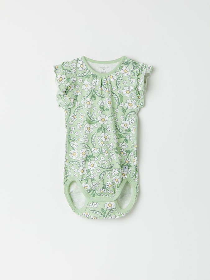 Short-sleeved, white floral babygrow with ruffle