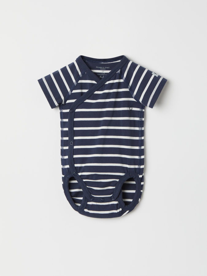 Striped, short-sleeved wraparound babygrow