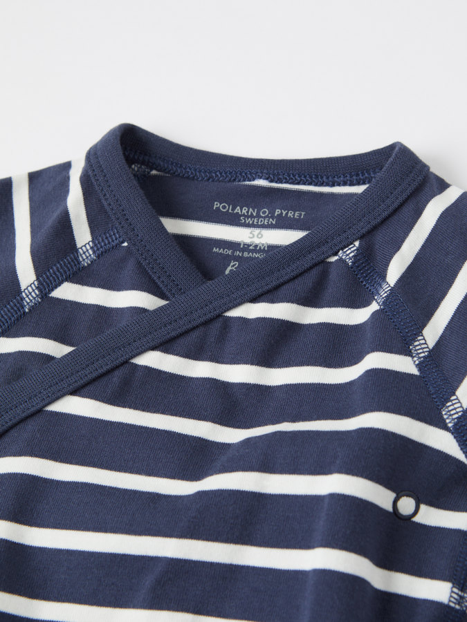 Striped, short-sleeved wraparound babygrow