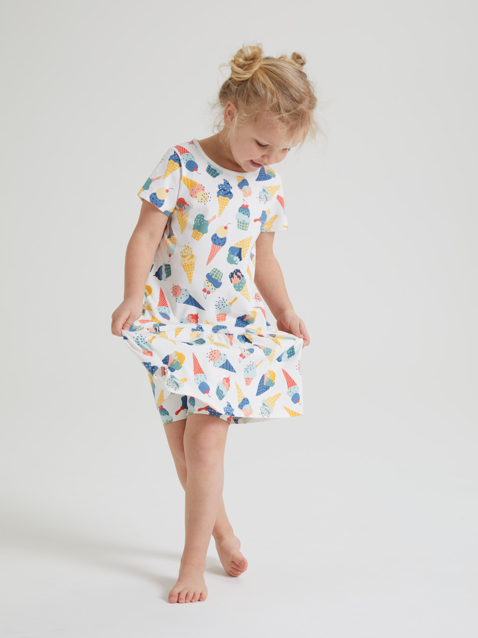 Dress with gathered skirt and ice-cream print