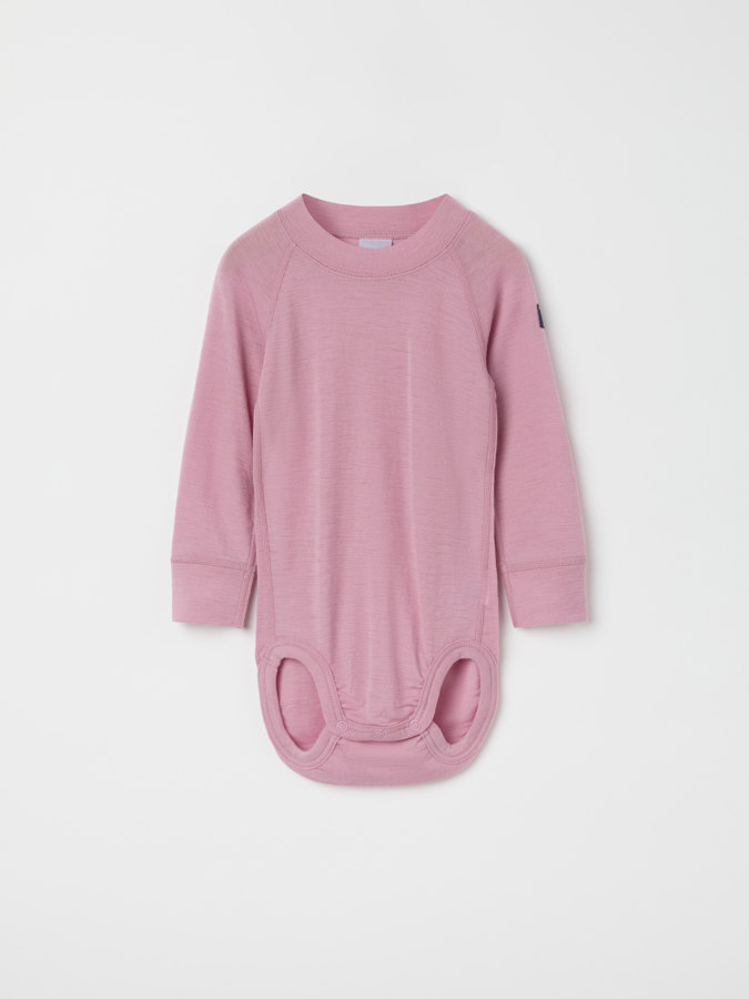 Solid color long-sleeve babygrow in merino wool