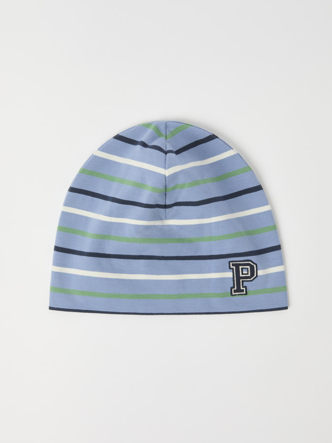 Striped jersey beanie with "P" appliqué