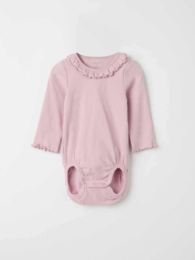 Solid color, ribbed babygrow with ruffles