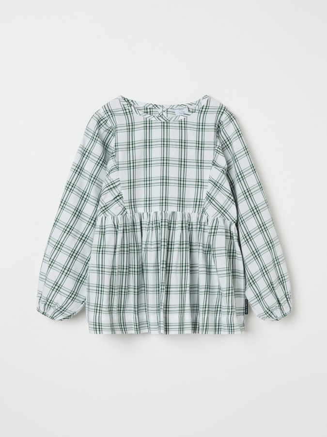 Check blouse with puff sleeves