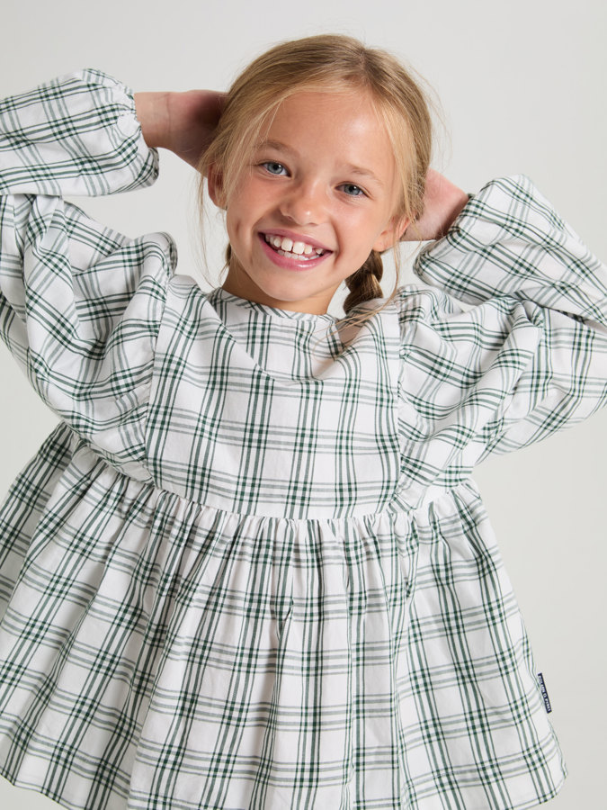 Check blouse with puff sleeves