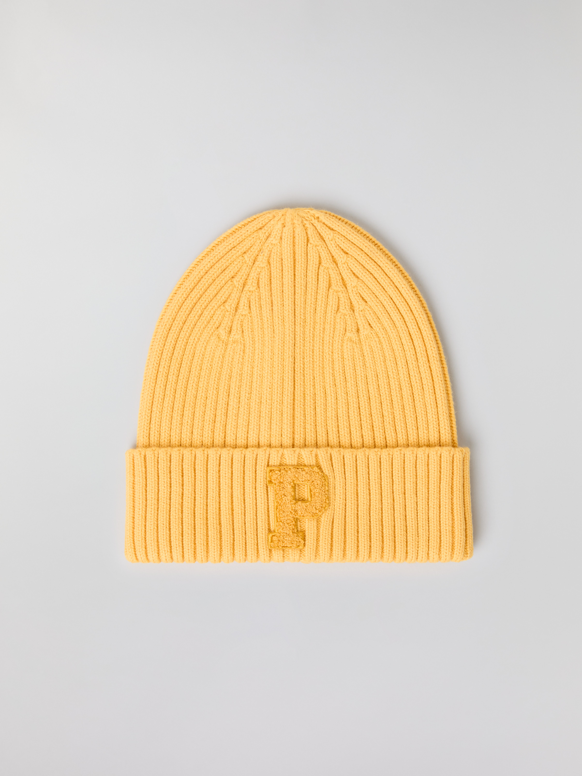 Polarn O. Pyret Yellow Ribbed Beanie "P" Appliqué