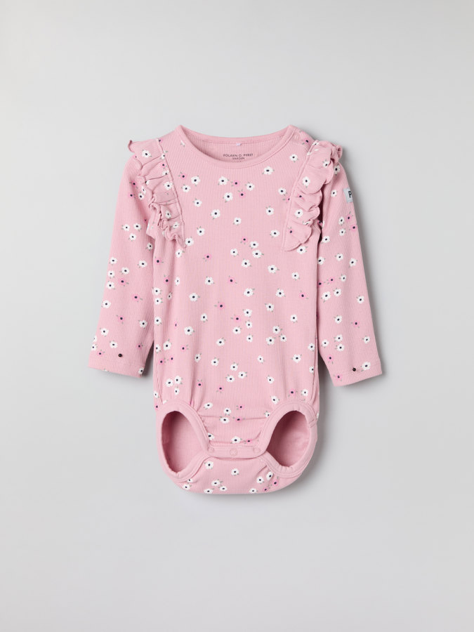 Ribbed babygrow with ruffles and floral print