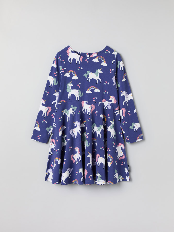 Long-sleeved twirl dress with unicorn print