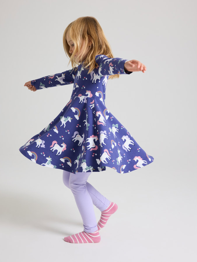 Long-sleeved twirl dress with unicorn print