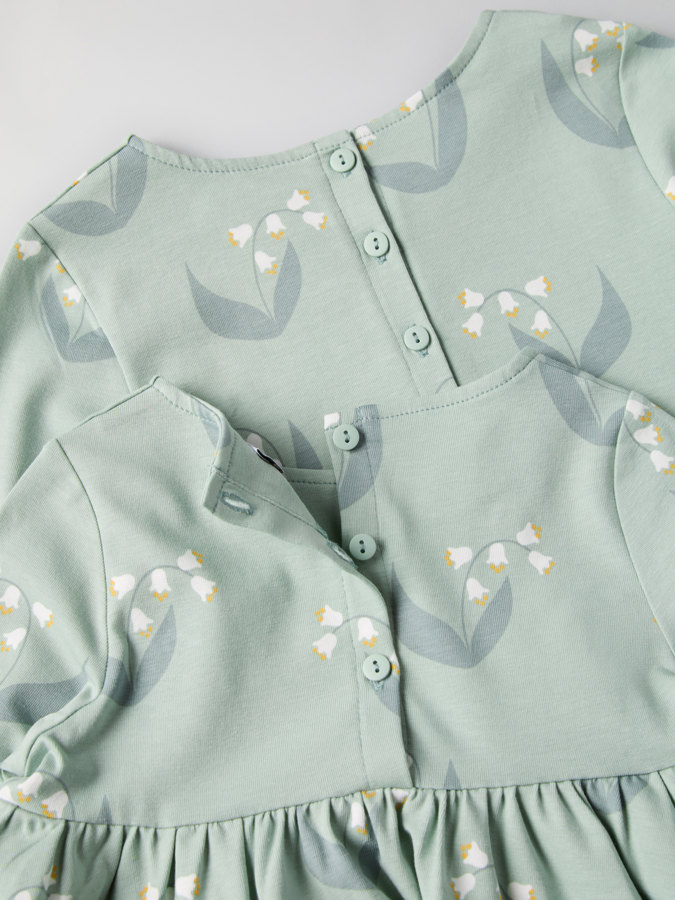 Long-sleeved twirl dress with lily of the valley print
