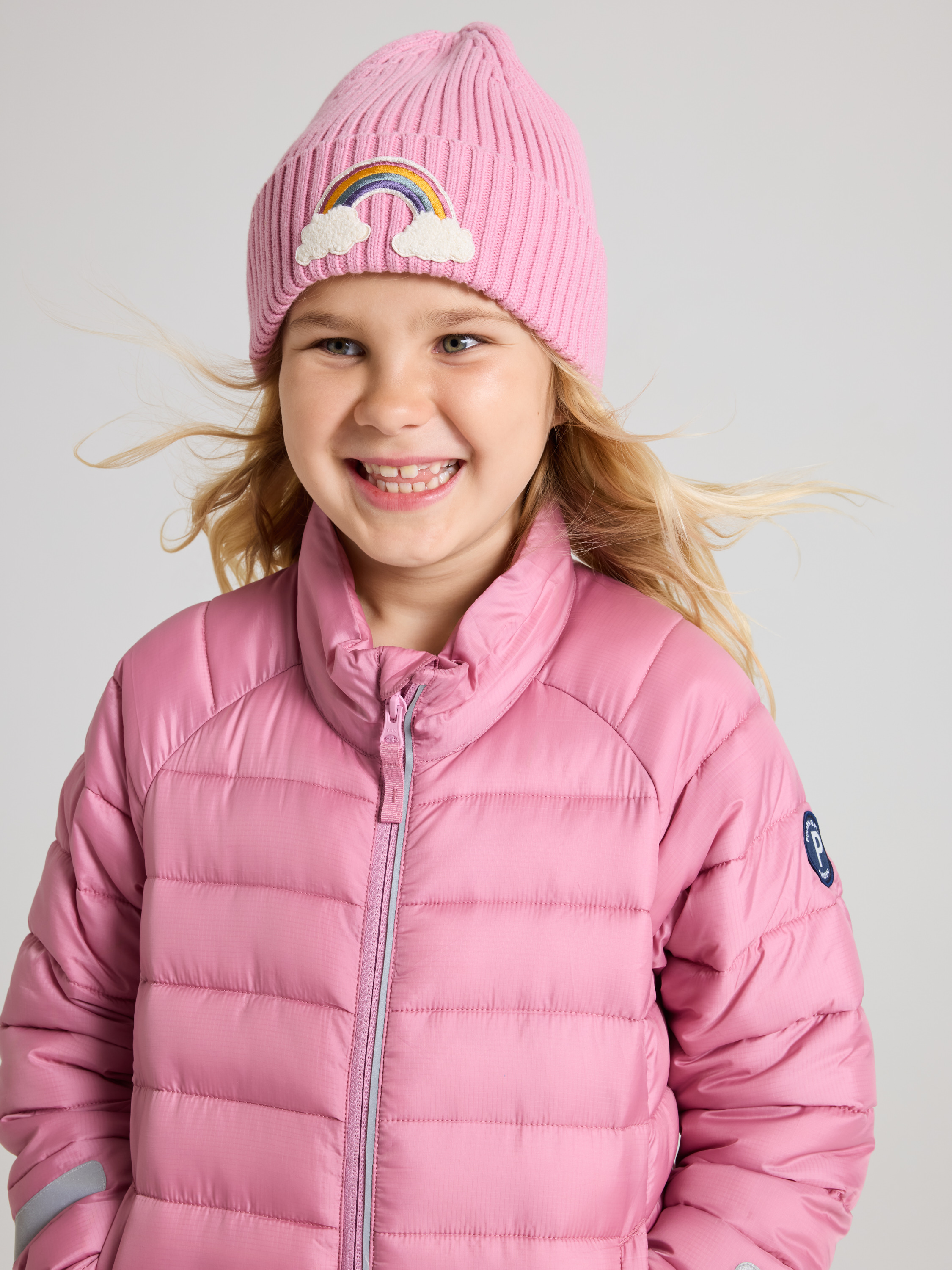 Polarn O. Pyret Pink Ribbed Beanie "P" Appliqué