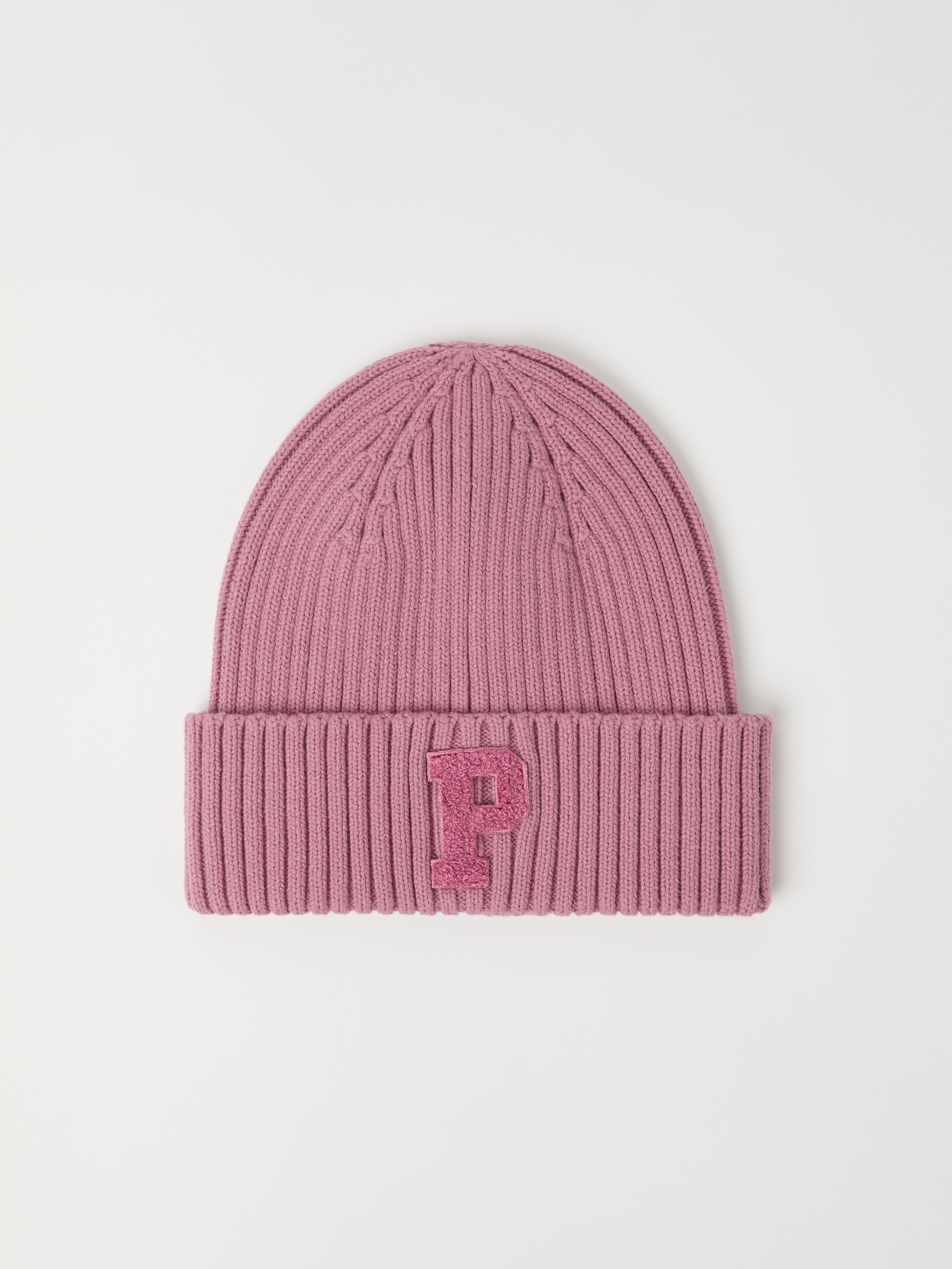 Polarn O. Pyret Pink Ribbed Beanie "P" Appliqué