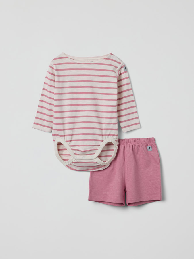 Set comprising striped babygrow and shorts