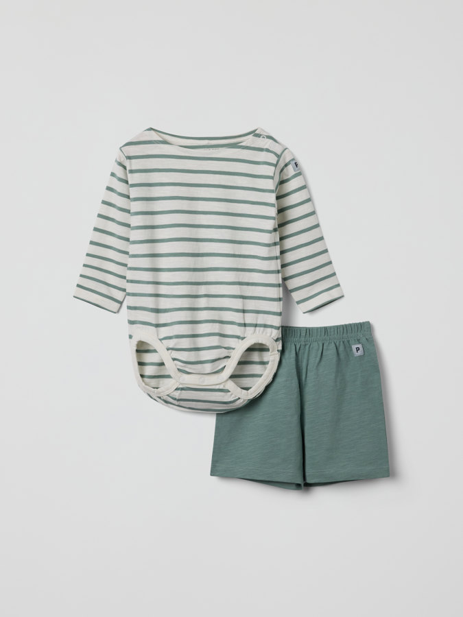 Set comprising striped babygrow and shorts