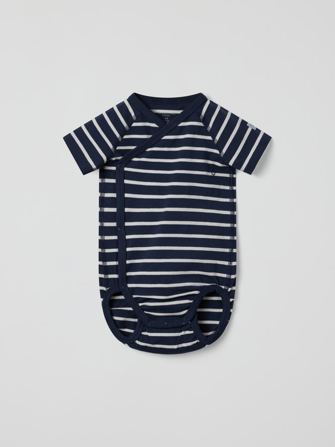 Striped, short-sleeved wraparound babygrow