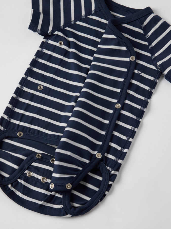 Striped, short-sleeved wraparound babygrow