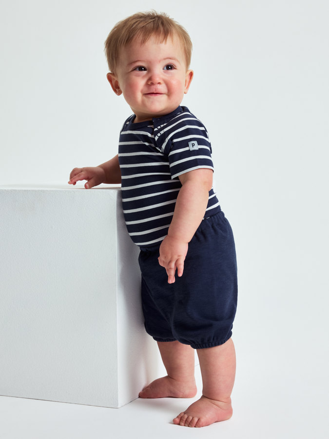 Striped, short-sleeved babygrow