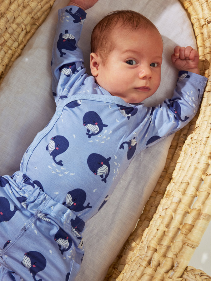 wraparound babygrow with whale print
