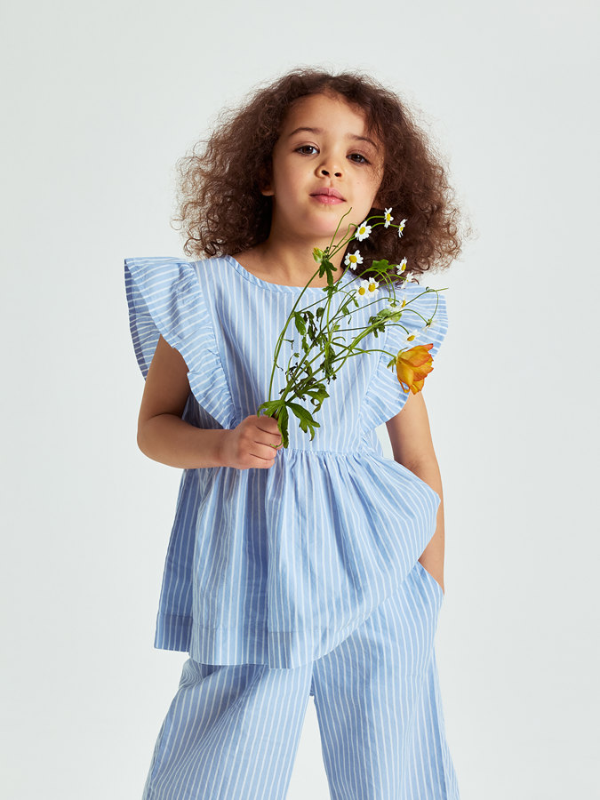 Woven, striped blouse with ruffles