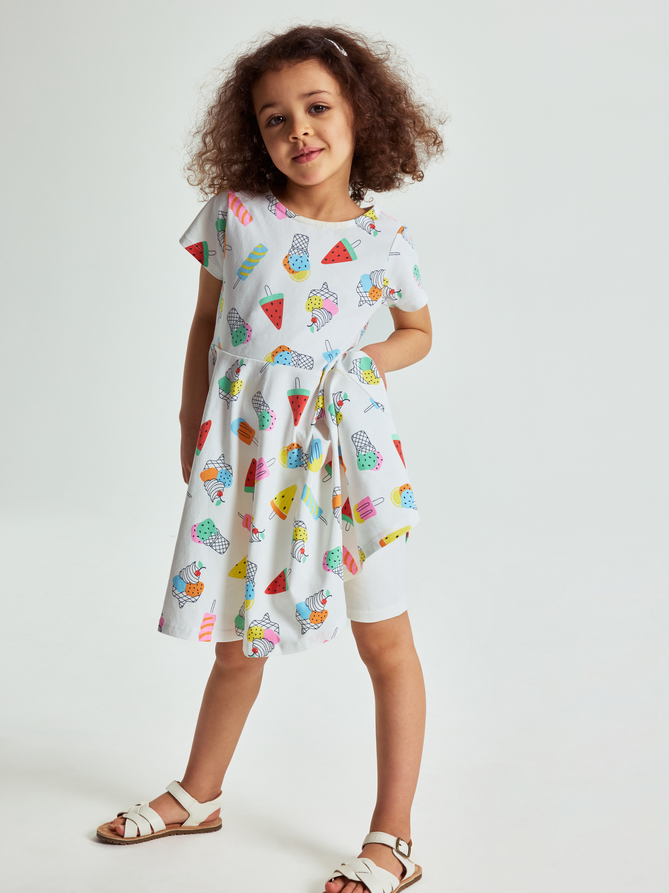 Short-sleeved twirl dress with ice-cream print