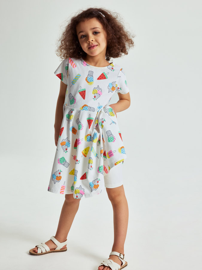 Short-sleeved twirl dress with ice-cream print Short-sleeved twirl dress with ice-cream print