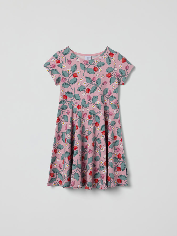 Short-sleeved twirl dress with strawberry print
