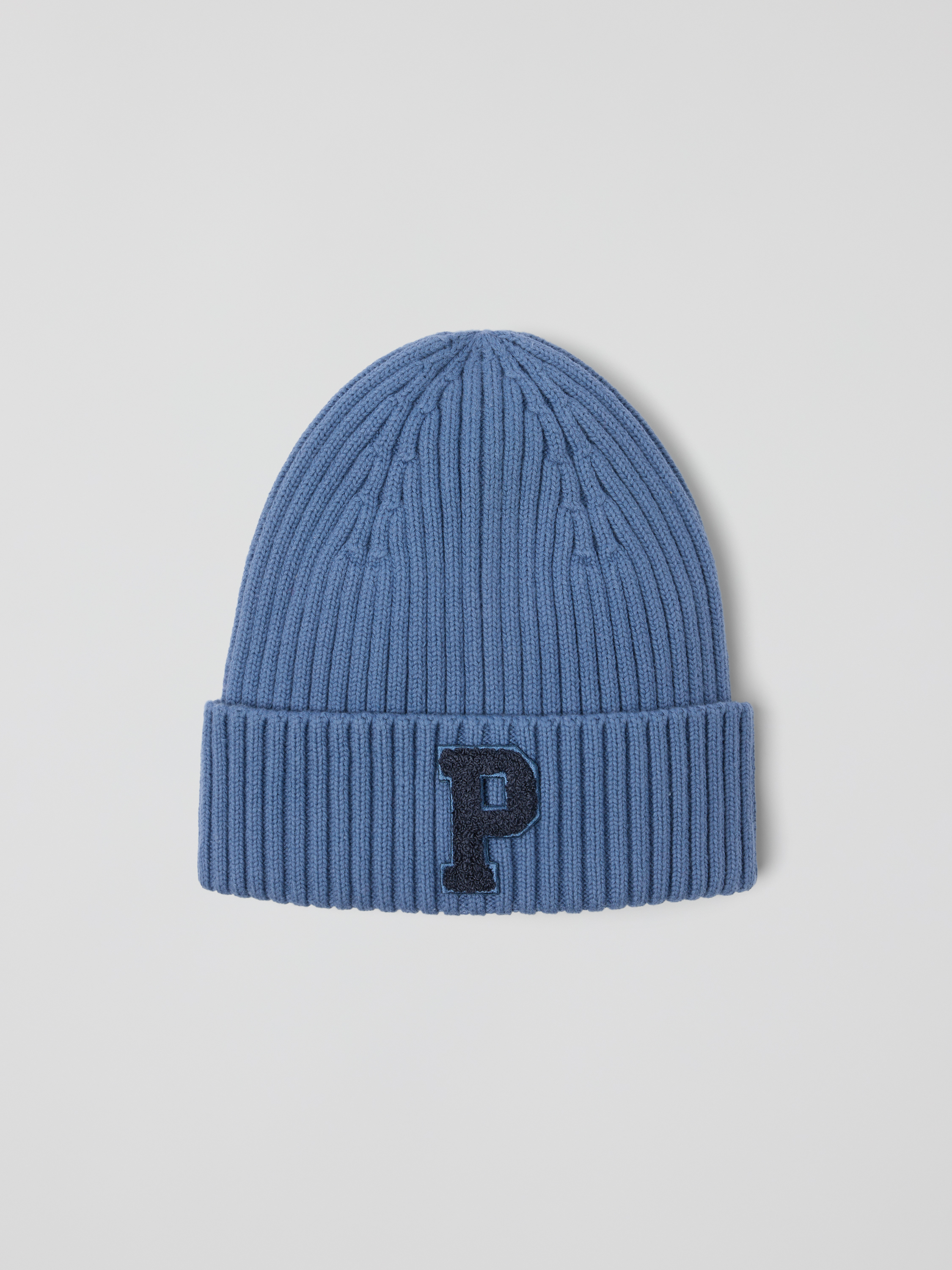 Polarn O. Pyret Blue Ribbed Beanie "P" Appliqué