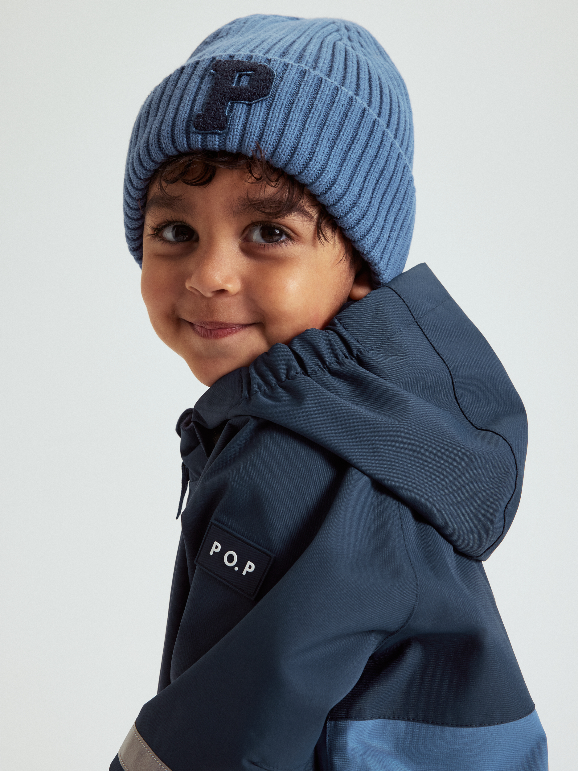 Polarn O. Pyret Blue Ribbed Beanie "P" Appliqué