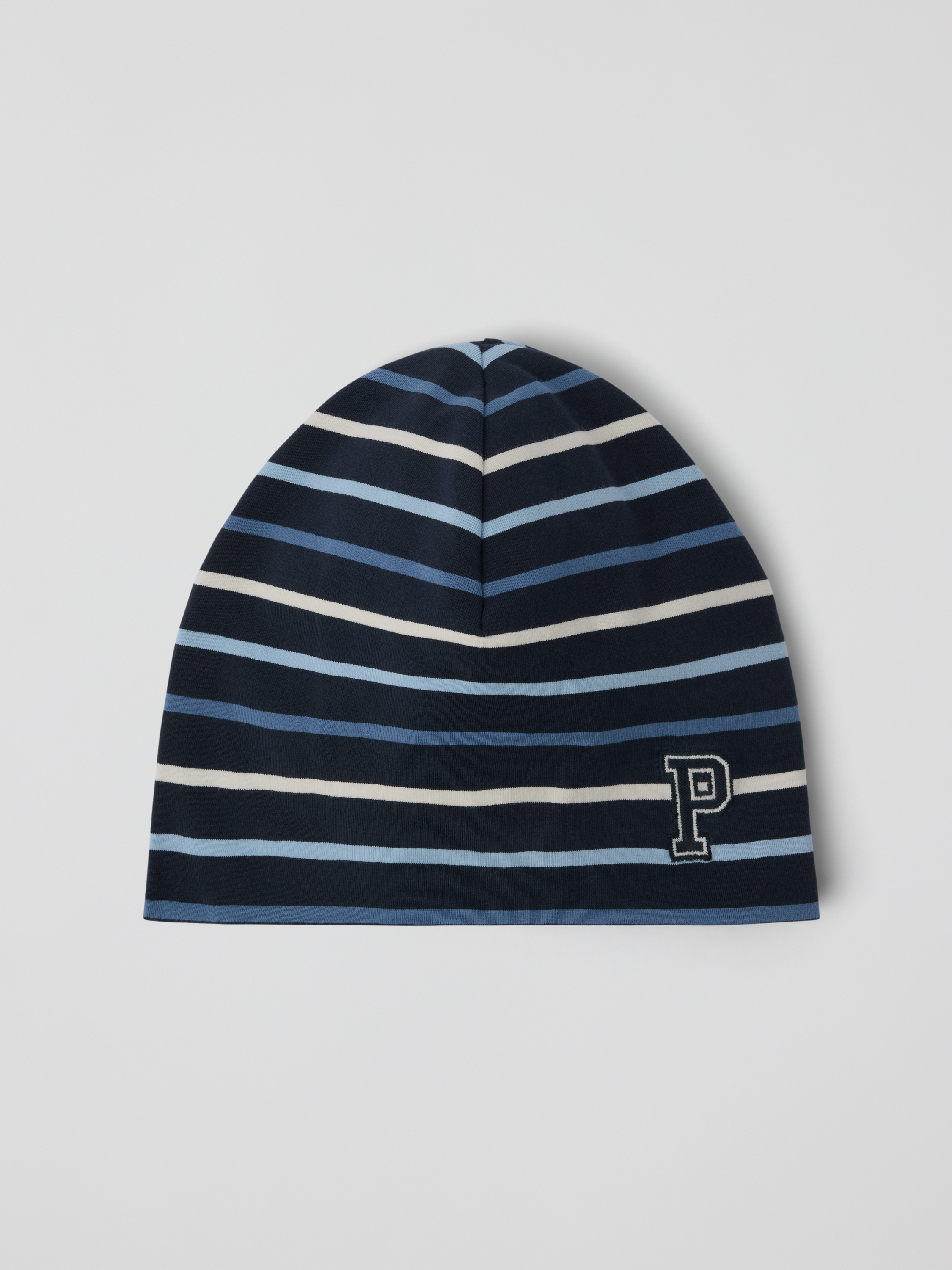 Polarn O. Pyret Blue Striped Jersey Beanie With "P" Appliqué
