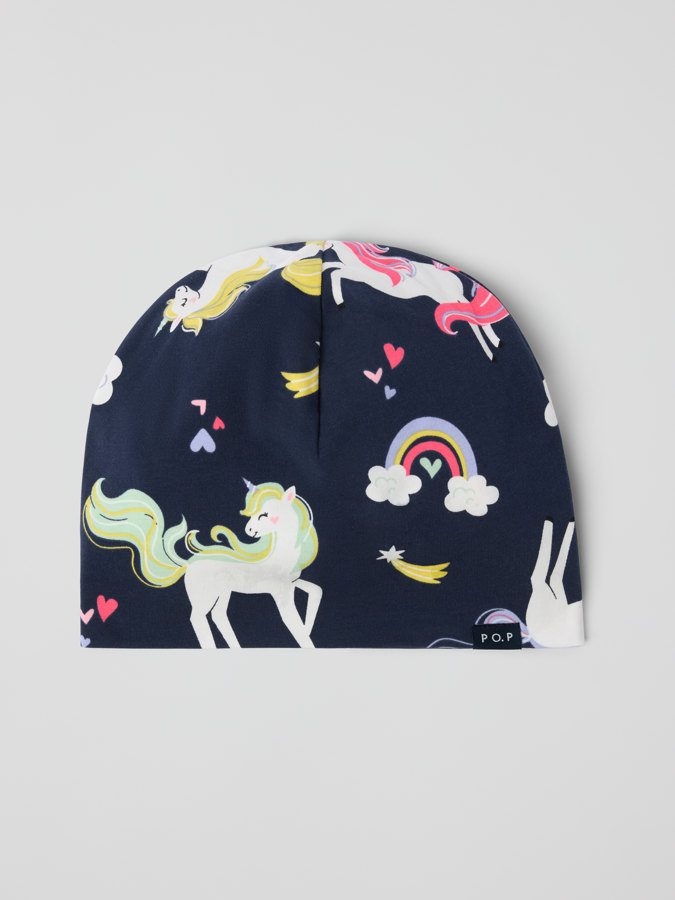 Jersey beanie with unicorn print